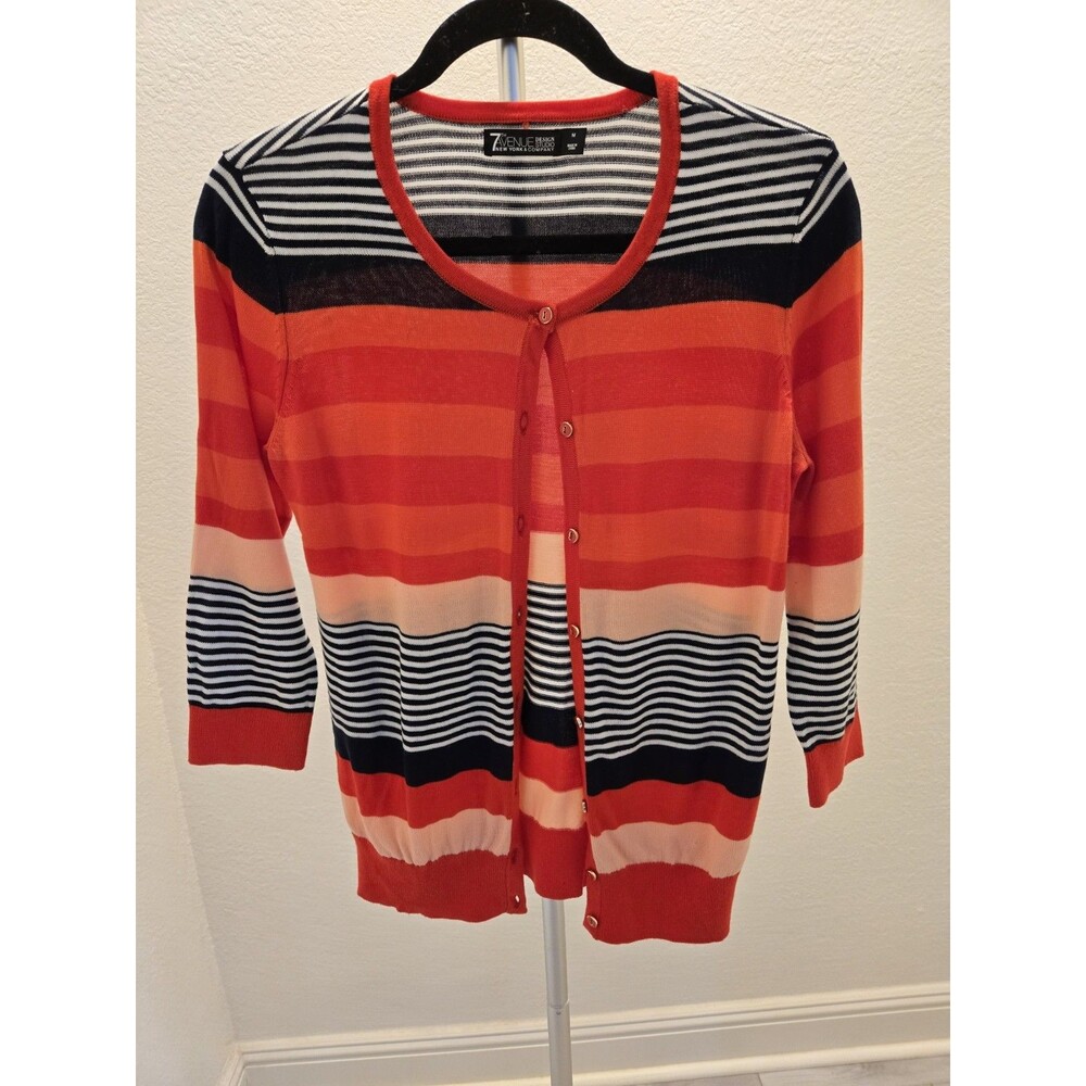 7th Avenue NYC Women’s Medium Striped Cardigan Sweater Button Front Corral Black